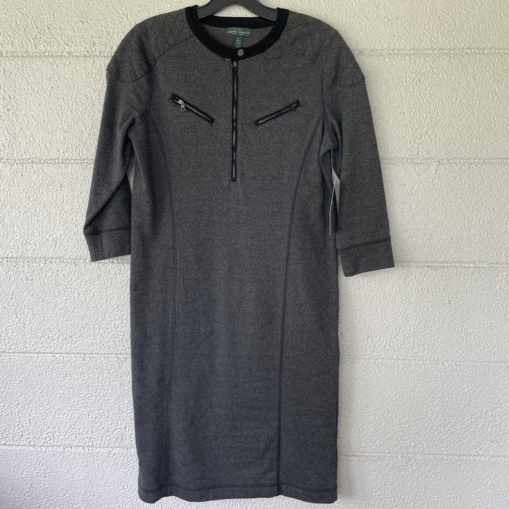 LRL Lauren Ralph Lauren Sweater Dress Womens Small Charcoal‎ Cotton 1/4 Zip NWT
